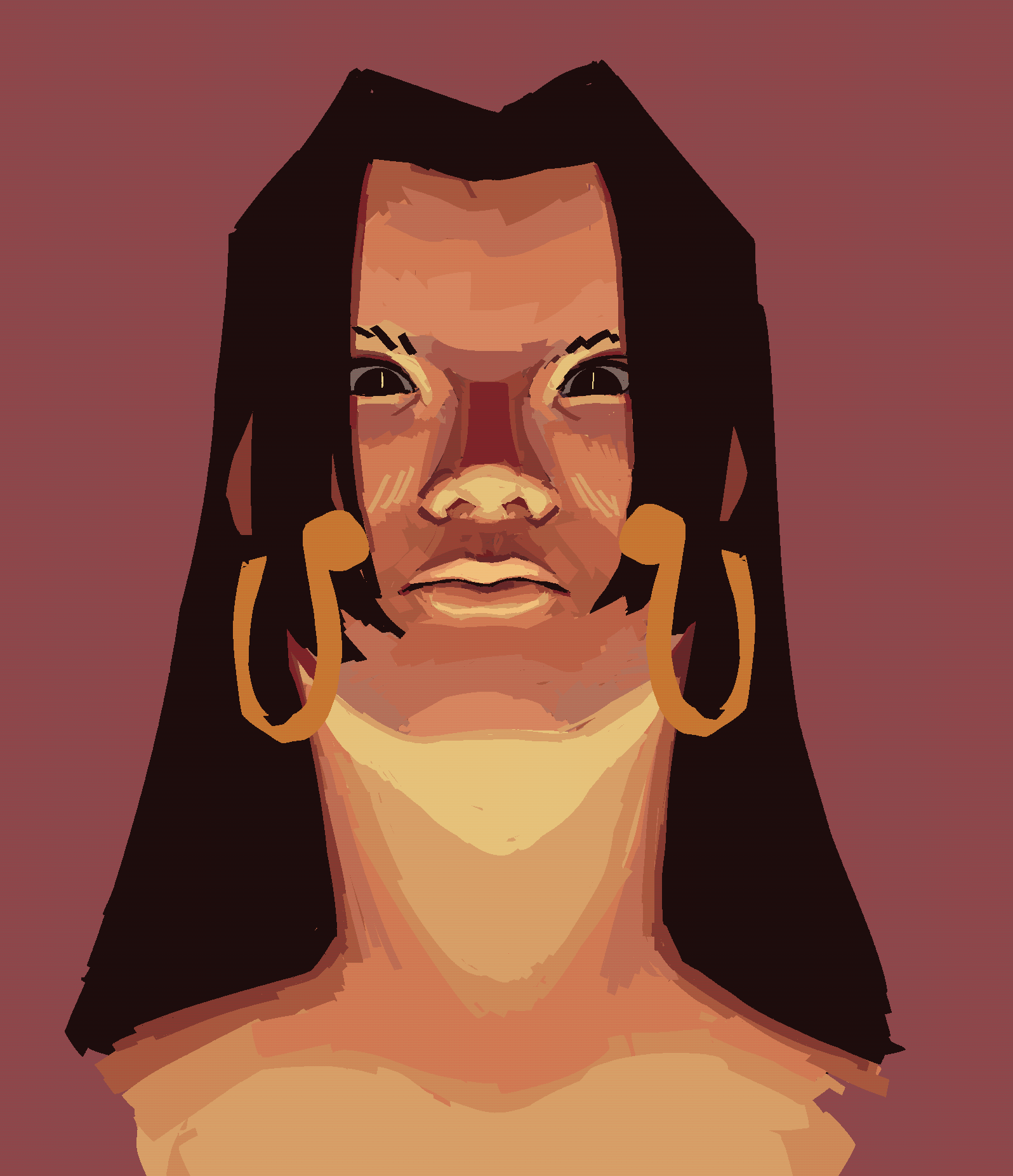 A digital portrait of Boa Hancock from One Piece. She is dramatically lit from below and is looking down at the viewer imposingly. The piece is largely pink to yellow tones and has blocky rendering. 